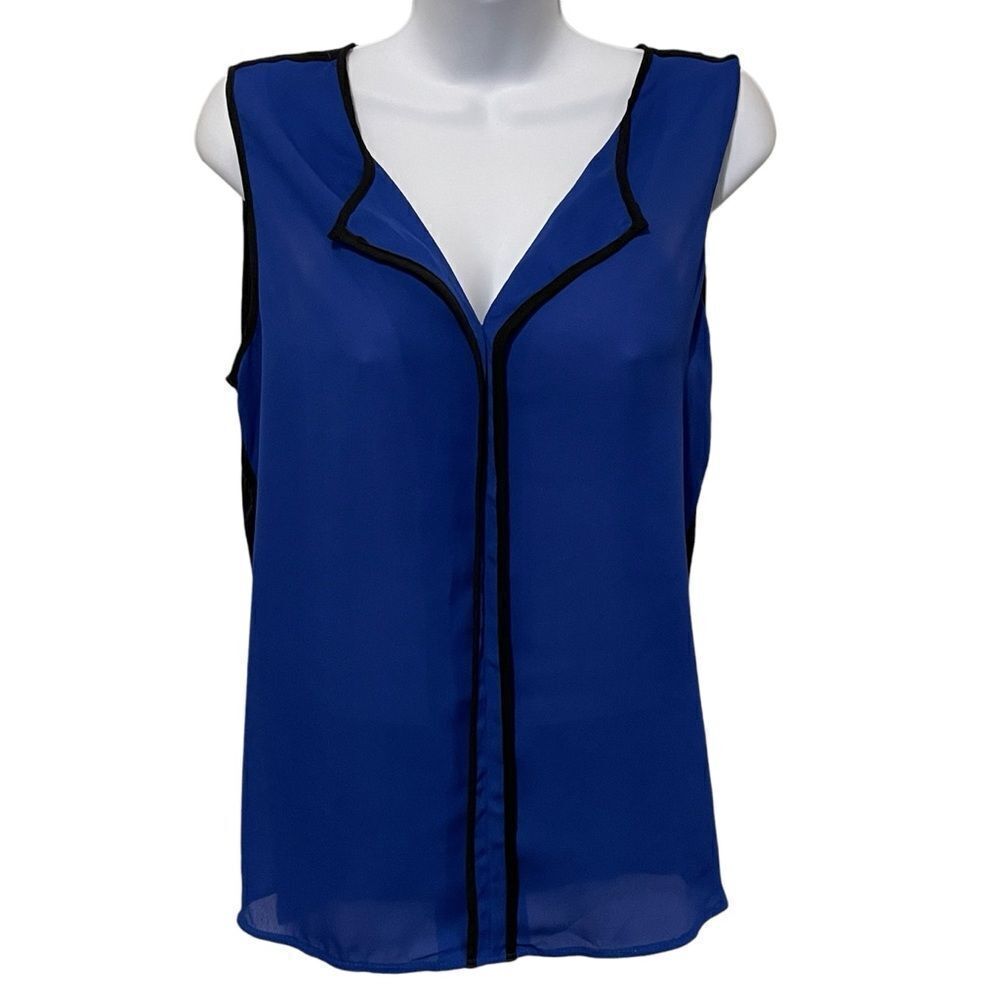 Wrapper Sleeveless Vneck Blouse Top Blue With Black Contrast Binding Detail Lrg